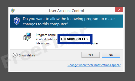 Screenshot where THEGRIDEON LTD appears as the verified publisher in the UAC dialog